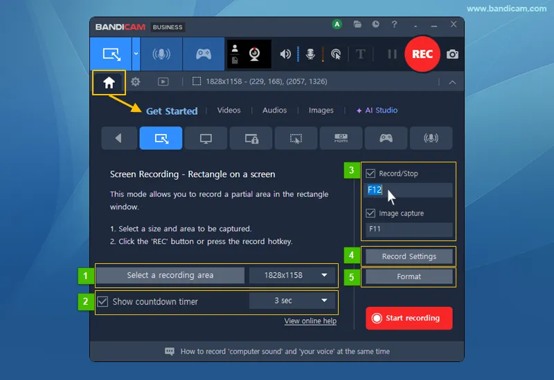 Rectangle area recording settings