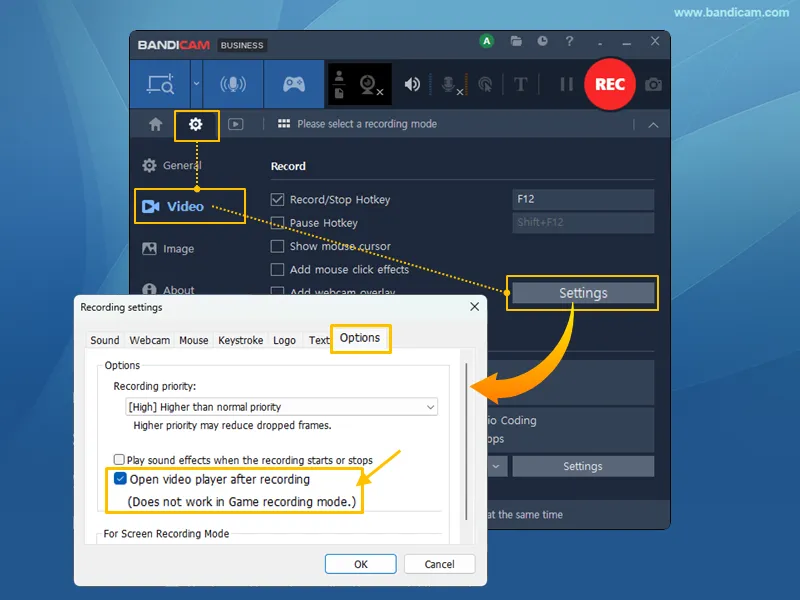 Open video player after recording setting