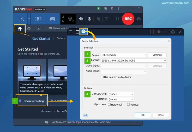 Device Recording mode settings