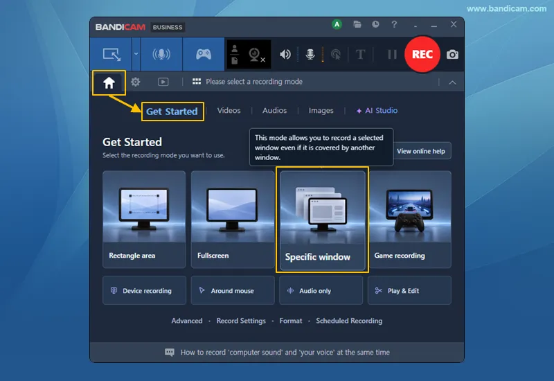 Specific window mode in Get Started