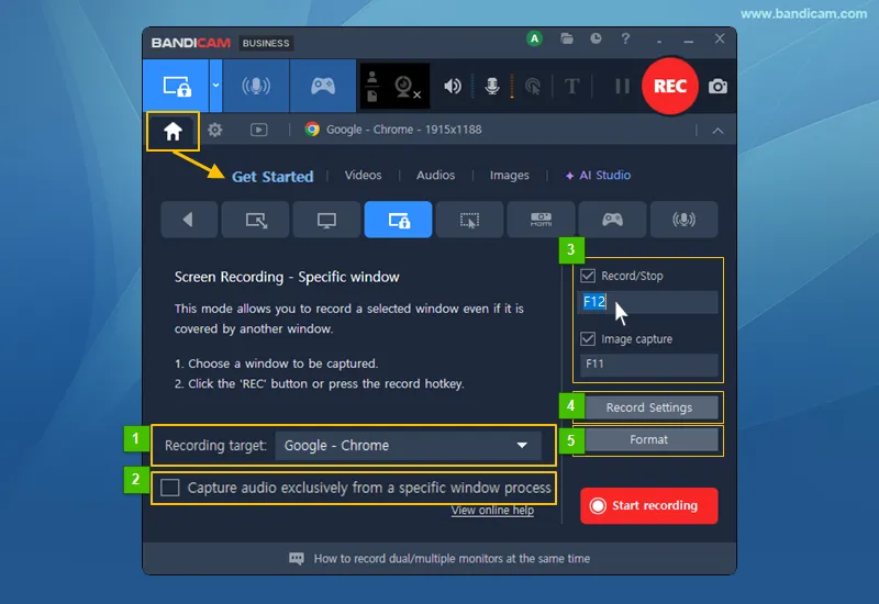 Specific window recording settings
