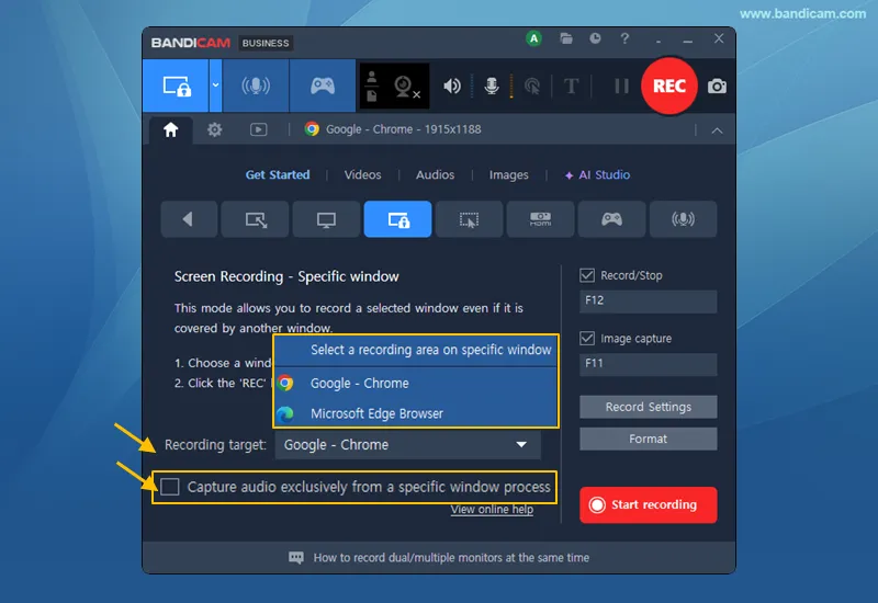Recording target list in Specific window mode