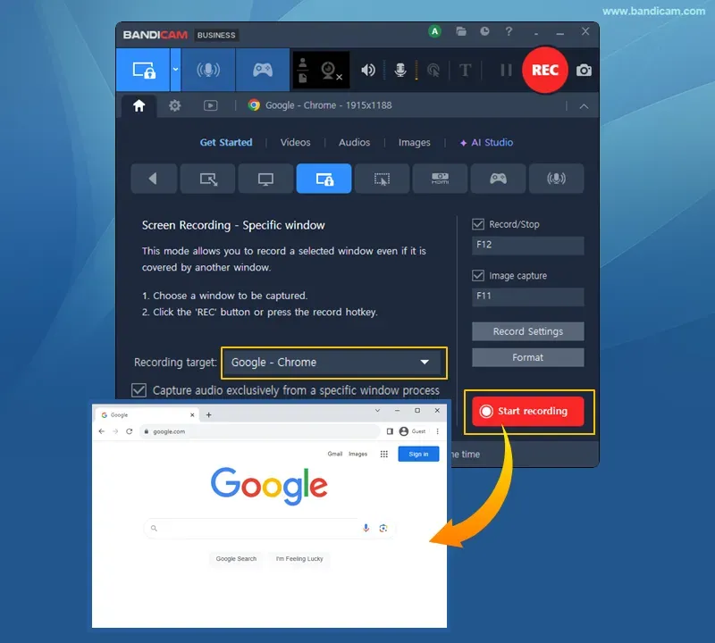 Start recording the selected Chrome window