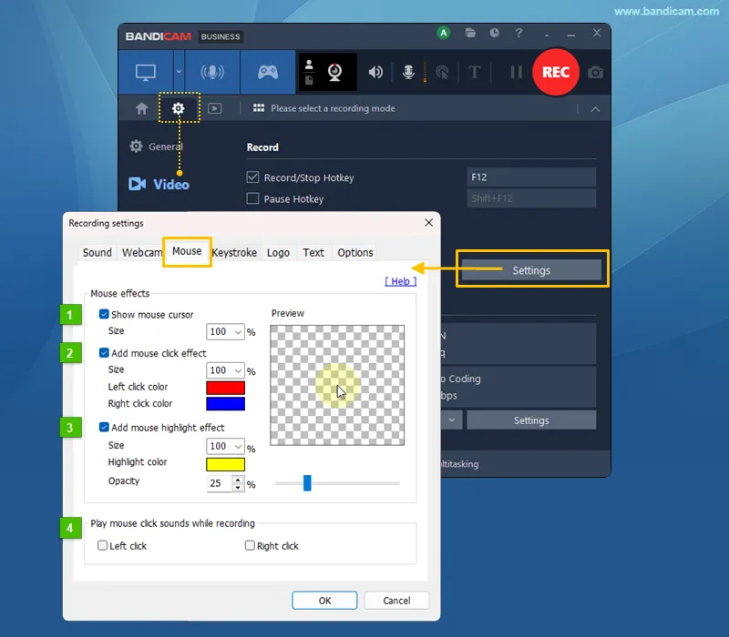 Mouse cursor size, click and highlight effects, and click sounds