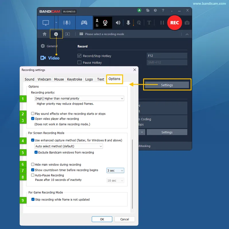 Recording priority, player, screen capture, countdown, and auto-pause options