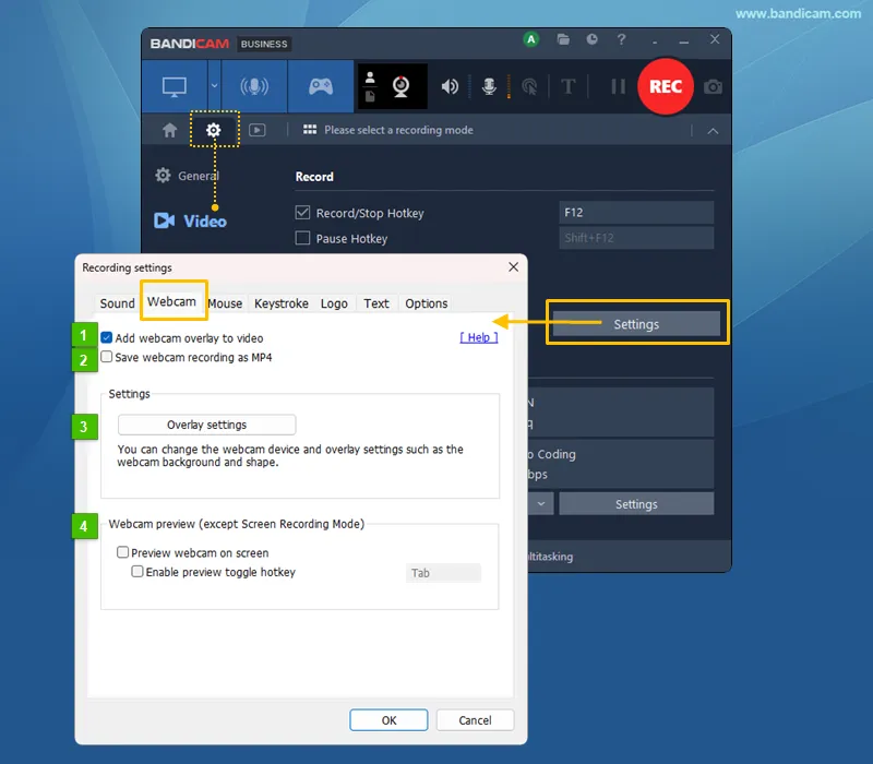 Webcam overlay, separate MP4 recording, and preview settings