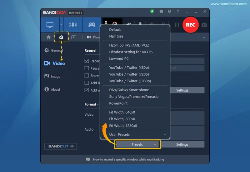 Video format preset menu