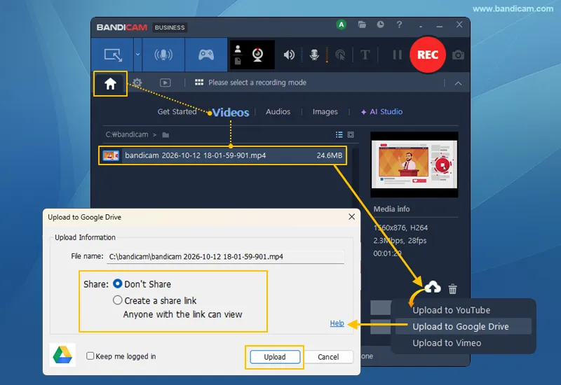 Upload to Google Drive window in Bandicam