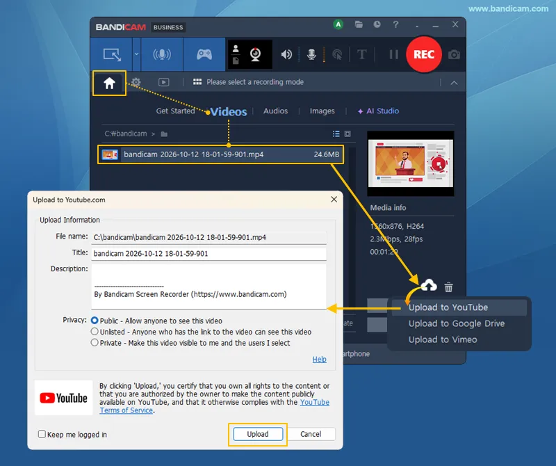 Upload to YouTube window in Bandicam