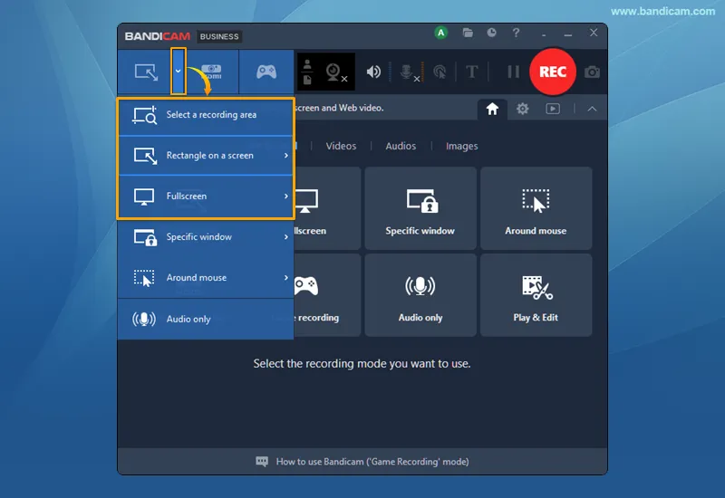 Bandicam Rectangle area or Fullscreen modes