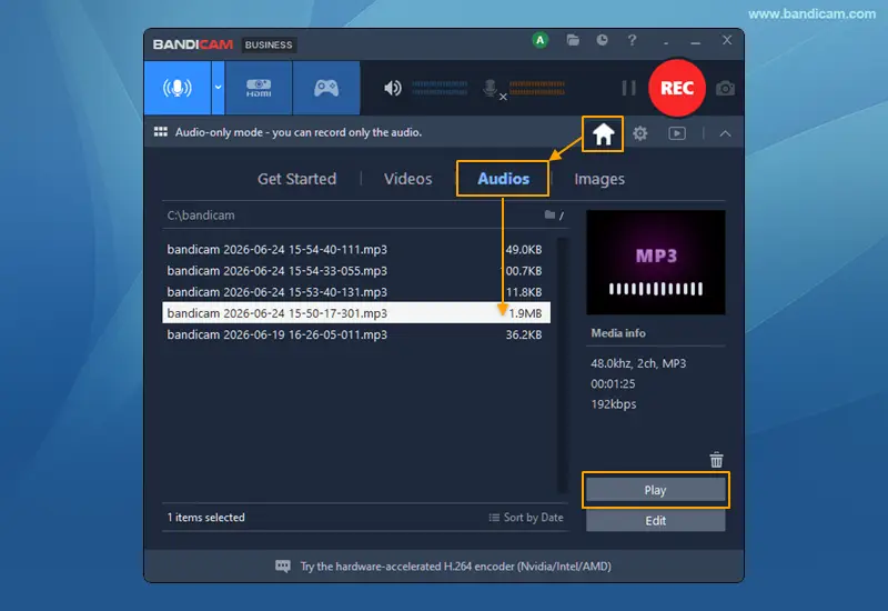 Bandicam audio output file list