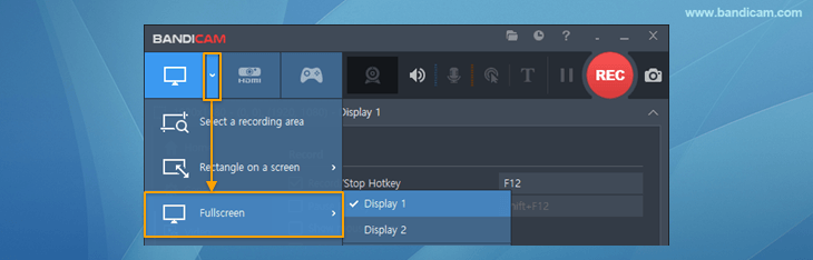 Bandicam, select the rectangle screen recording mode