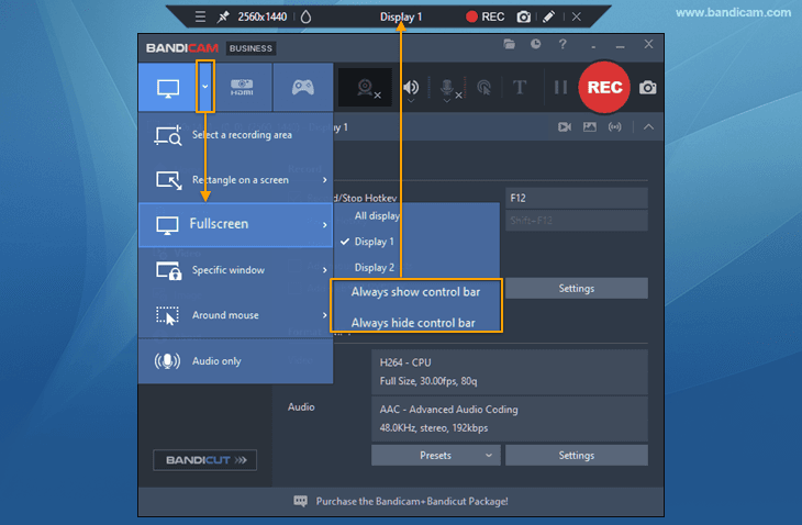 show or hide the control bar