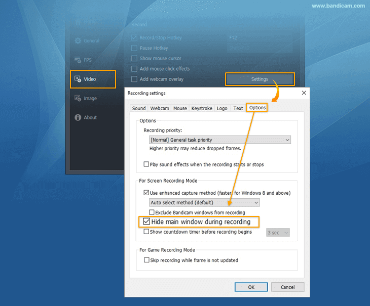 How to hide the recording window or interface Bandicam