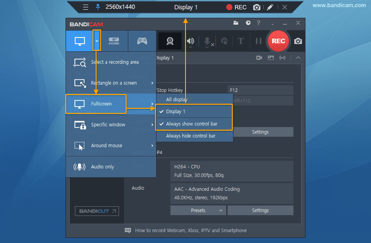 Bandicam, record fullscreen
