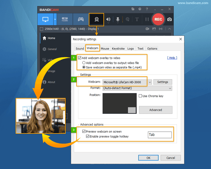 Bandicam, turn on/off webcam