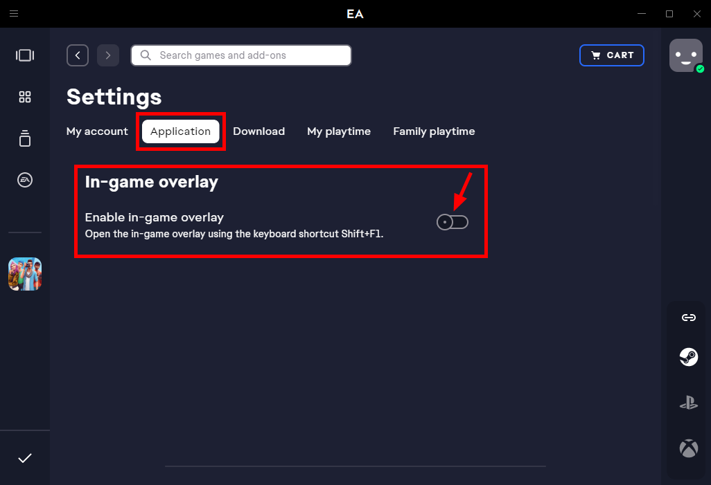 In-game overlay, EA settings