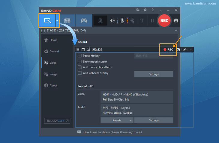 Bandicam, rectangle screen recording