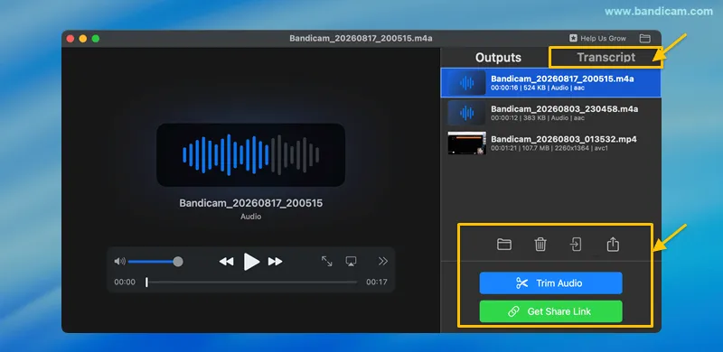 recorded audio in the output list
