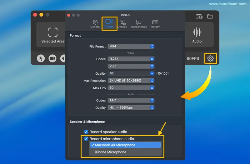 إعدادات ميكروفون Bandicam على Mac