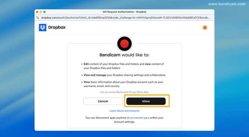 Bandicam dropbox access