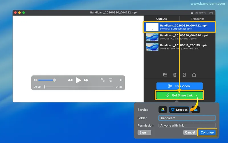 Dropbox selecteren