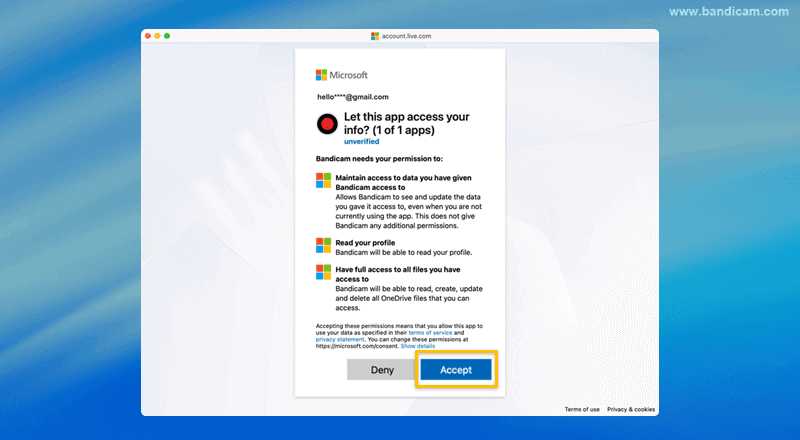 Bandicam onedrive access
