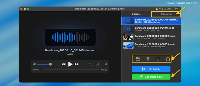 review a trimmed audio file in Bandicam
