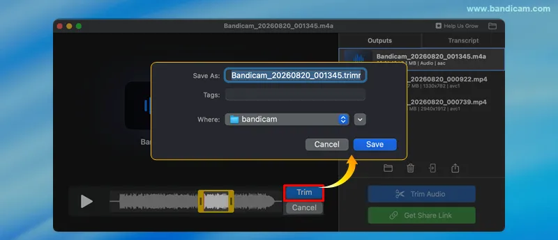 save a trimmed audio file on Mac