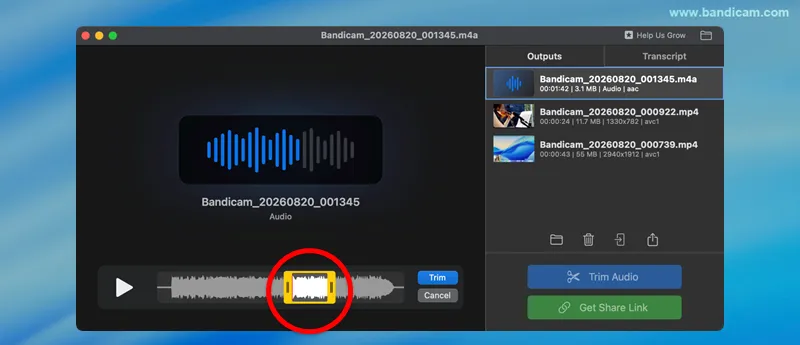 select the section of an audio recording to keep