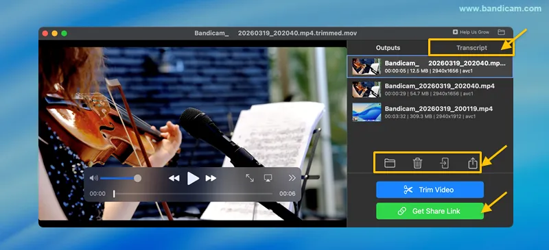 review trimmed video, share video