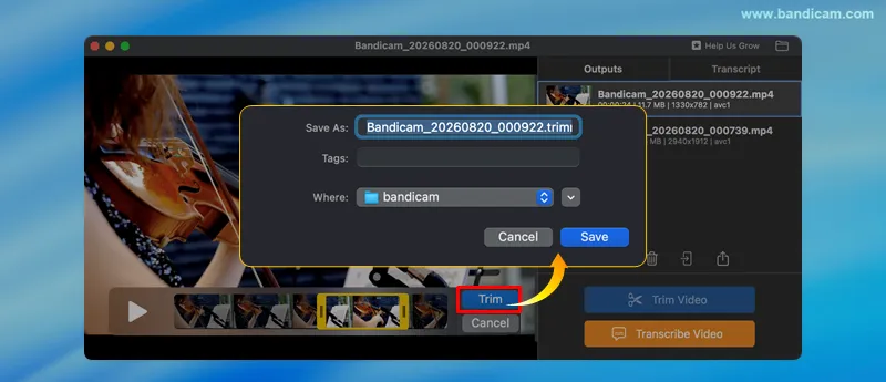 trim video on mac, save trimming