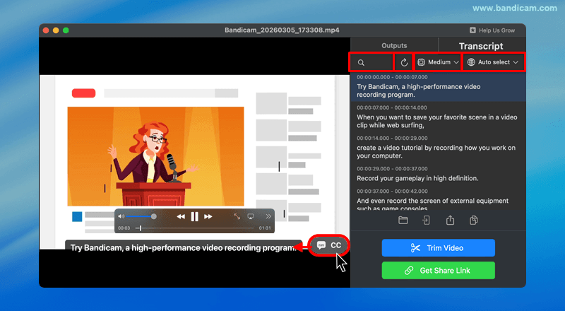 Bandicam transcript panel with language selection, search, and subtitles