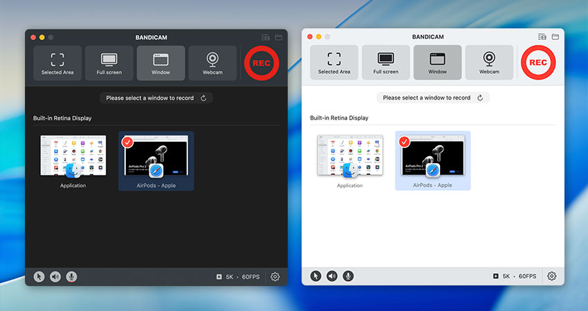 Bandicam — темна й світла тема