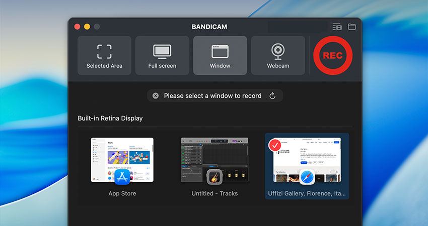 Bandicam — запис конкретного вікна на Mac