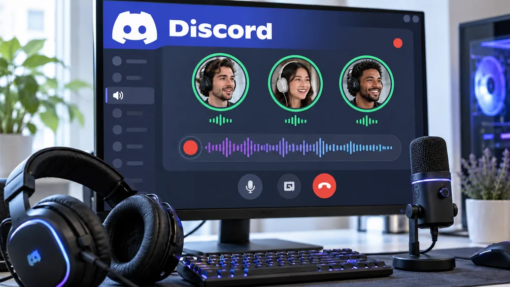 Discord logo and voice call recording with three people